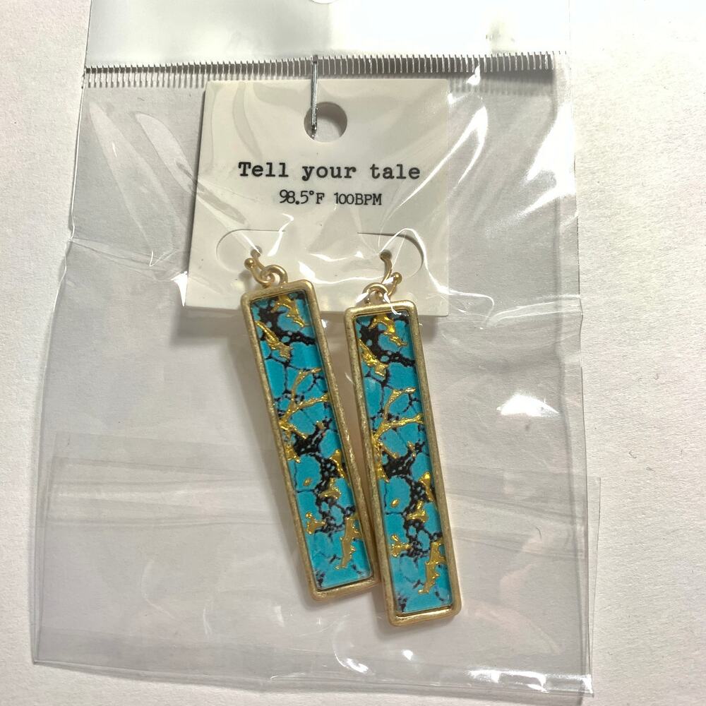 Gold and Turquoise Hook Bar Drop Earrings E7 - Picture 2 of 6
